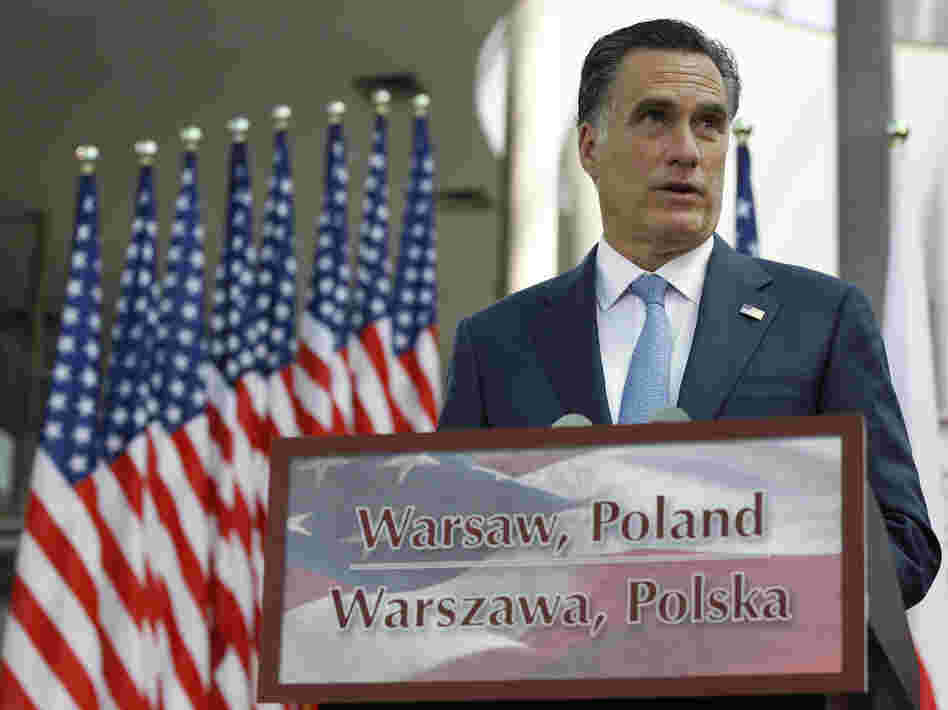 Mitt Romney speaks at the University of Warsaw Library in Warsaw, Poland, on Tuesday.