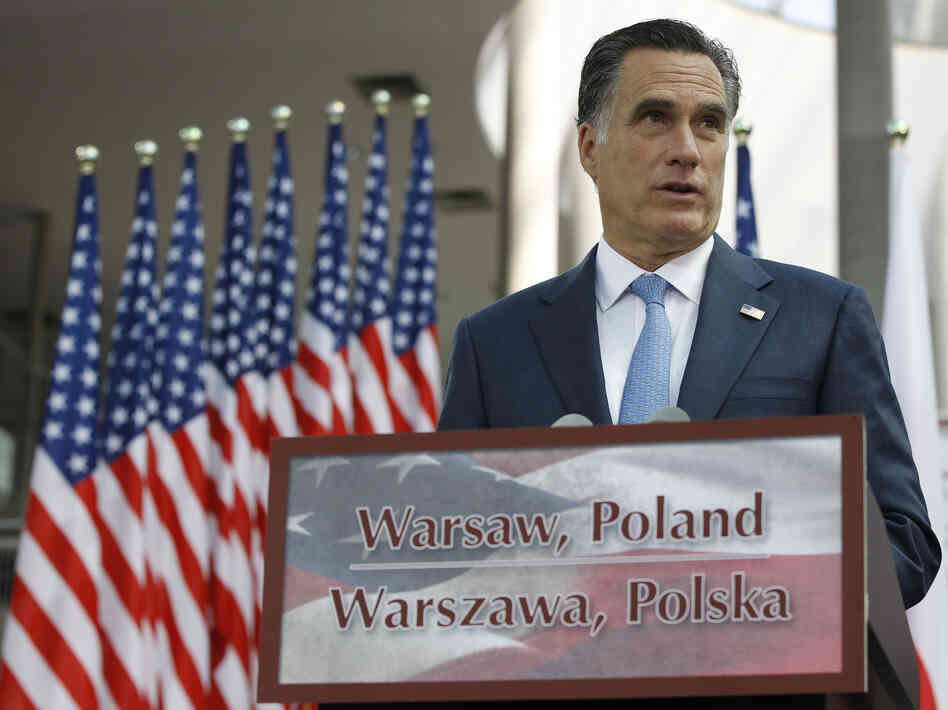 Mitt Romney speaks at the University of Warsaw Library in Warsaw, Poland, on Tuesday.