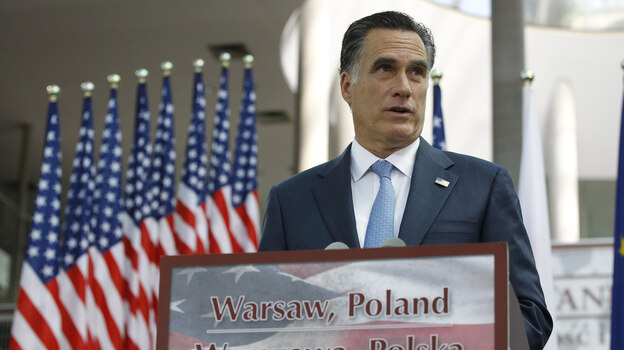 Mitt Romney speaks at the University of Warsaw Library in Warsaw, Poland, on Tuesday. (AP)