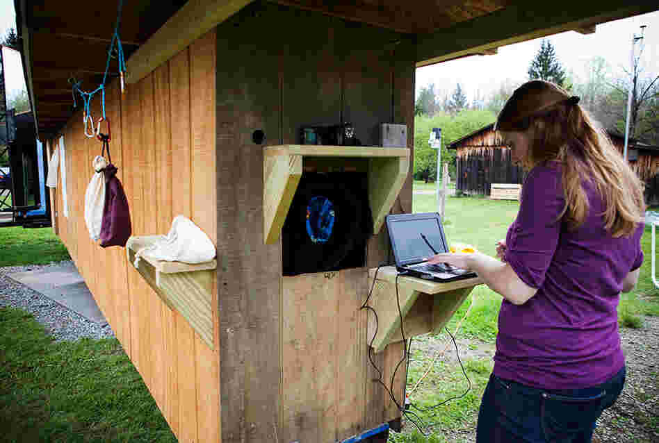 Menzel prepares an experiment to test how birds react to various types of glass. The birds are placed at one end of the tunnel, then fly toward the glass panes at the other end. A fine mesh net catches the birds before they can hit the glass.