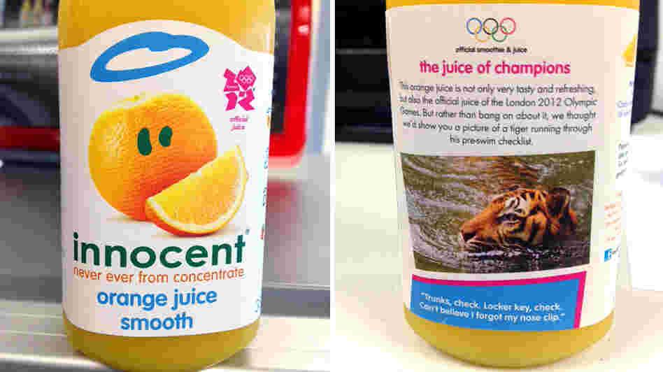 On their bottles, Innocent declares itself the juice of champions — before adding, "rather than bang on about it, we thought we'd show you a picture of a tiger running through his pre-swim checklist." The drinks are a welcome sight at the Olympic media center.