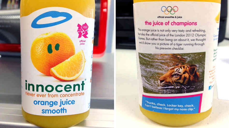 On their bottles, Innocent declares itself the juice of champions — before adding, "rather than bang on about it, we thought we'd show you a picture of a tiger running through his pre-swim checklist." The drinks are a welcome sight at the Olympic media center.