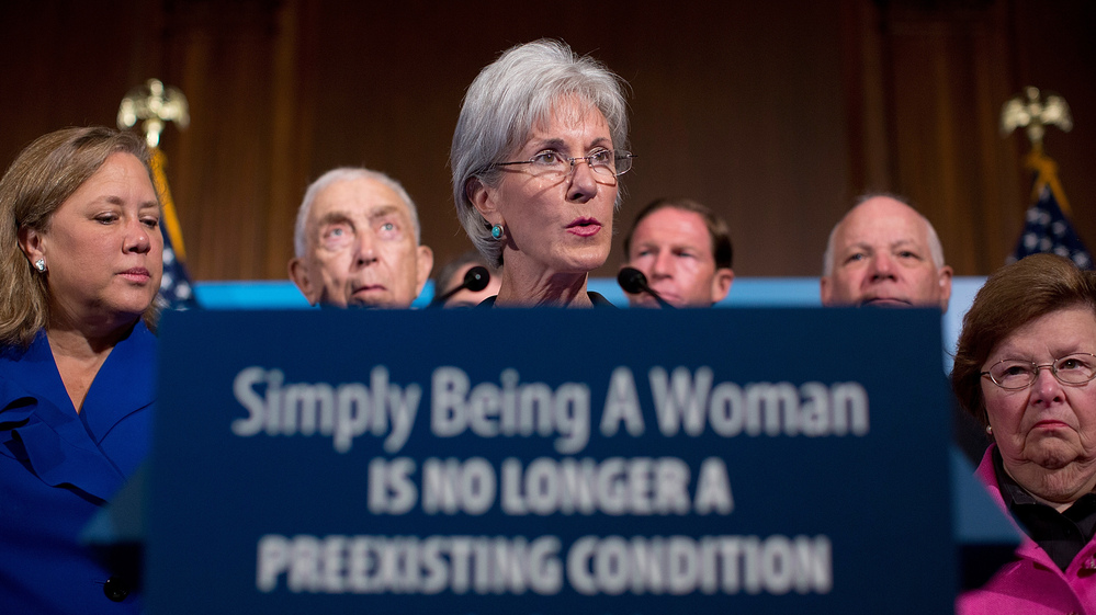 Health and Human Services Secretary Kathleen Sebelius joins Democratic senators at a news conference on Capitol Hill on Tuesday to announce new preventive health coverage for women that takes effect Wednesday.