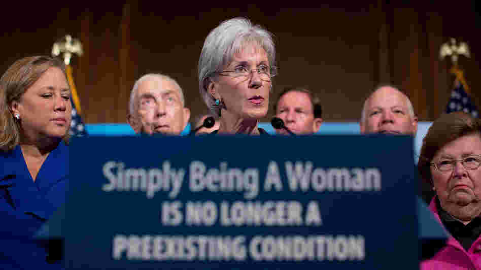 Health and Human Services Secretary Kathleen Sebelius joins Democratic senators at a news conference on Capitol Hill on Tuesday to announce new preventive health coverage for women that takes effect Wednesday.
