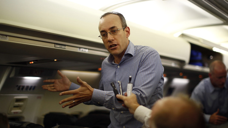 Dan Senor, senior national security aide to Mitt Romney, speaks to the press en route to Israel from London on Saturday. Dan Senor, senior national security aide to Mitt Romney, speaks to the press en route to Israel from London on Saturday.