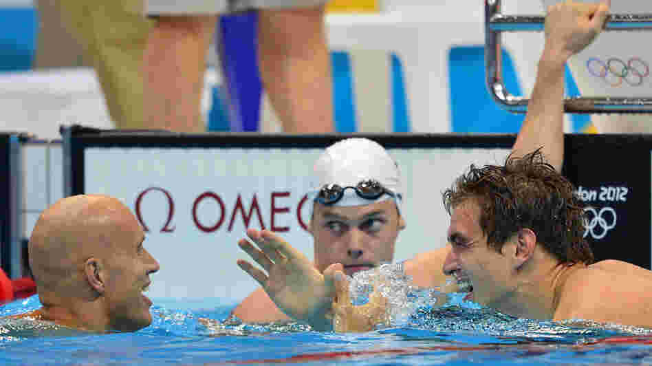Yo Adrian! Swimmer Nathan Adrian (right) celebrates with Canada's Brent Hayden (left) after winning the men's 100m freestyle at the London 2012 Olympic Games. Yo Adrian! Swimmer Nathan Adrian (right) celebrates with Canada's Brent Hayden (left) after winning the men's 100m freestyle at the London 2012 Olympic Games.