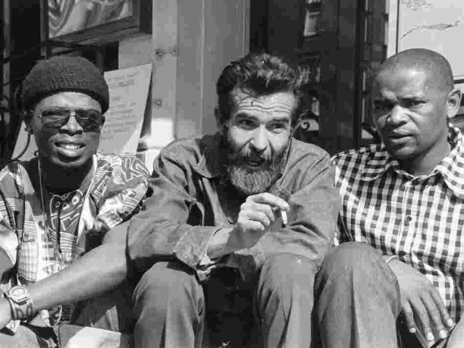South African playwright Athol Fugard (center) with actors John Kani (left) and Winston Ntshona at the Royal Court Theatre in London in 1973.