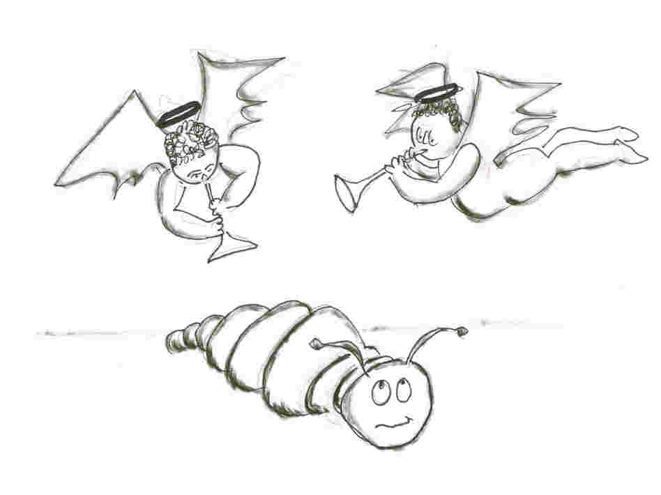 Angels playing to a caterpillar. Angels playing to a caterpillar.