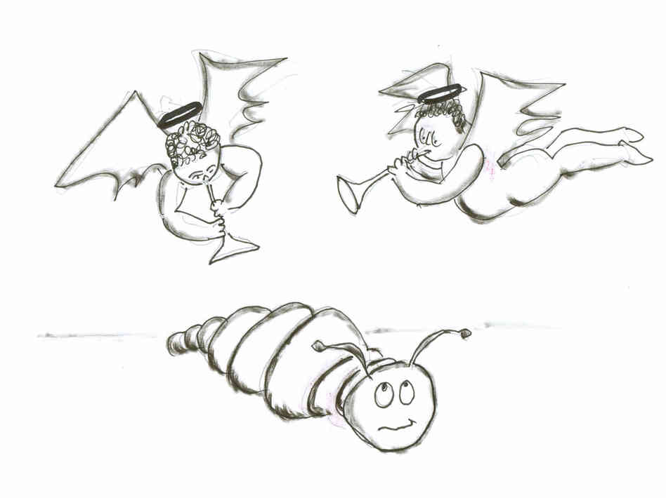 Angels playing to a caterpillar. Angels playing to a caterpillar.