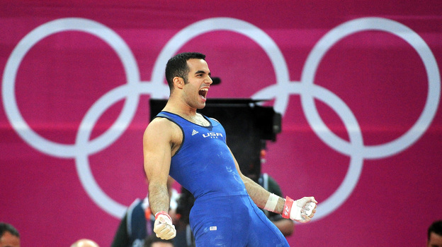 Gymnast Danell Leyva of the United States celebrates after his final rotation in the men's individual all-around final.