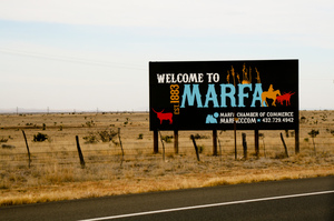Though the locals have mixed feelings about being an art Mecca, Kaki Aufdengarten-Scott, Marfa's one-woman chamber of commerce, says without art tourism, "this town would have dried up and blown away." Though the locals have mixed feelings about being an art Mecca, Kaki Aufdengarten-Scott, Marfa's one-woman chamber of commerce, says without art tourism, "this town would have dried up and blown away."
