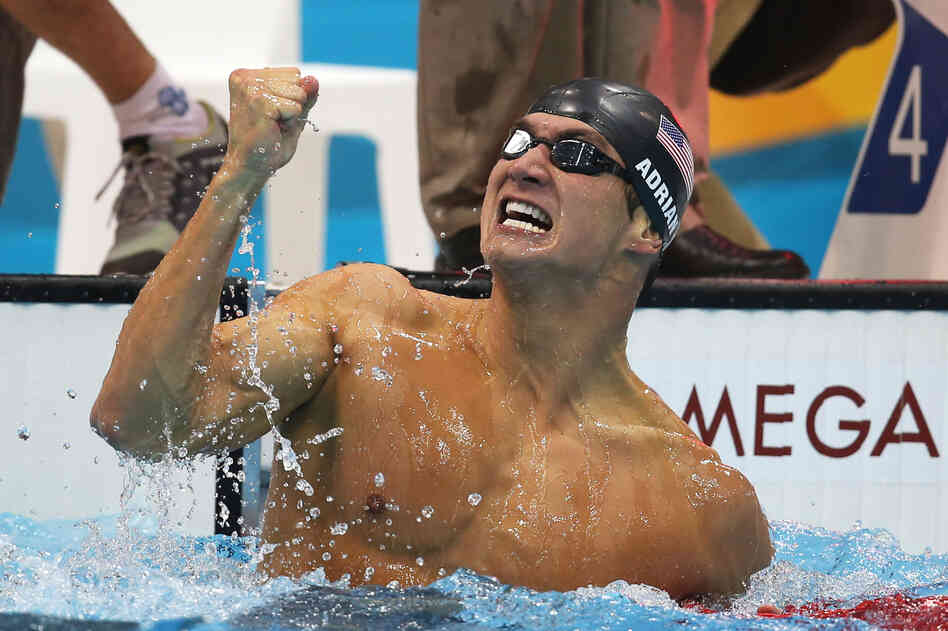 U.S. swimmer Nathan Adrian celebrates after he won the Men's 100m Freestyle today at the London 2012 Olympic Games.