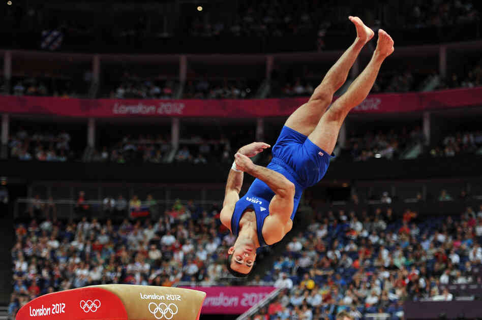 U.S. gymnast Danell Leyva competes on the vault in the Artistic Gymnastics Men's Individual All-Around final. He won the bronze medal for the event.