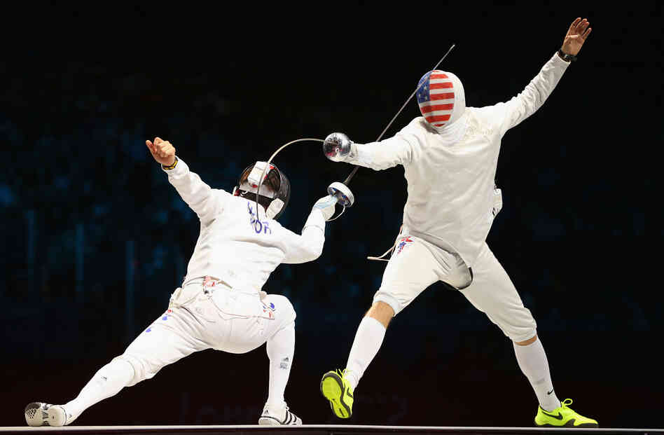Ruben Limardo Gascon of Venezuela competes against Seth Kelsey of the United States in the Men's Epee Individual Fencing Semi Final. Kelsey finished fourth overall.