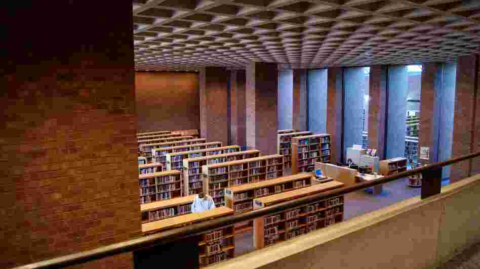 Across from the First Christian Church, I.M. Pei's Cleo Rogers Memorial Library boasts a waffled concrete ceiling that, with help from an elaborate intake system, uses heat from the ceiling lights to warm the building in winter months.