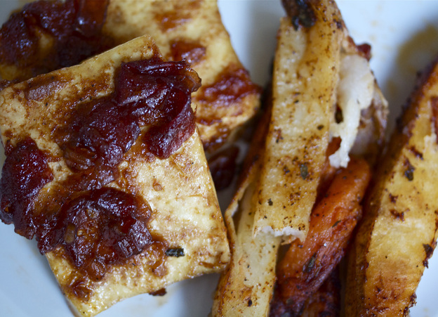 Bourbon-Glazed Baked Tofu With Spicy Roasted Red And Sweet Potatoes