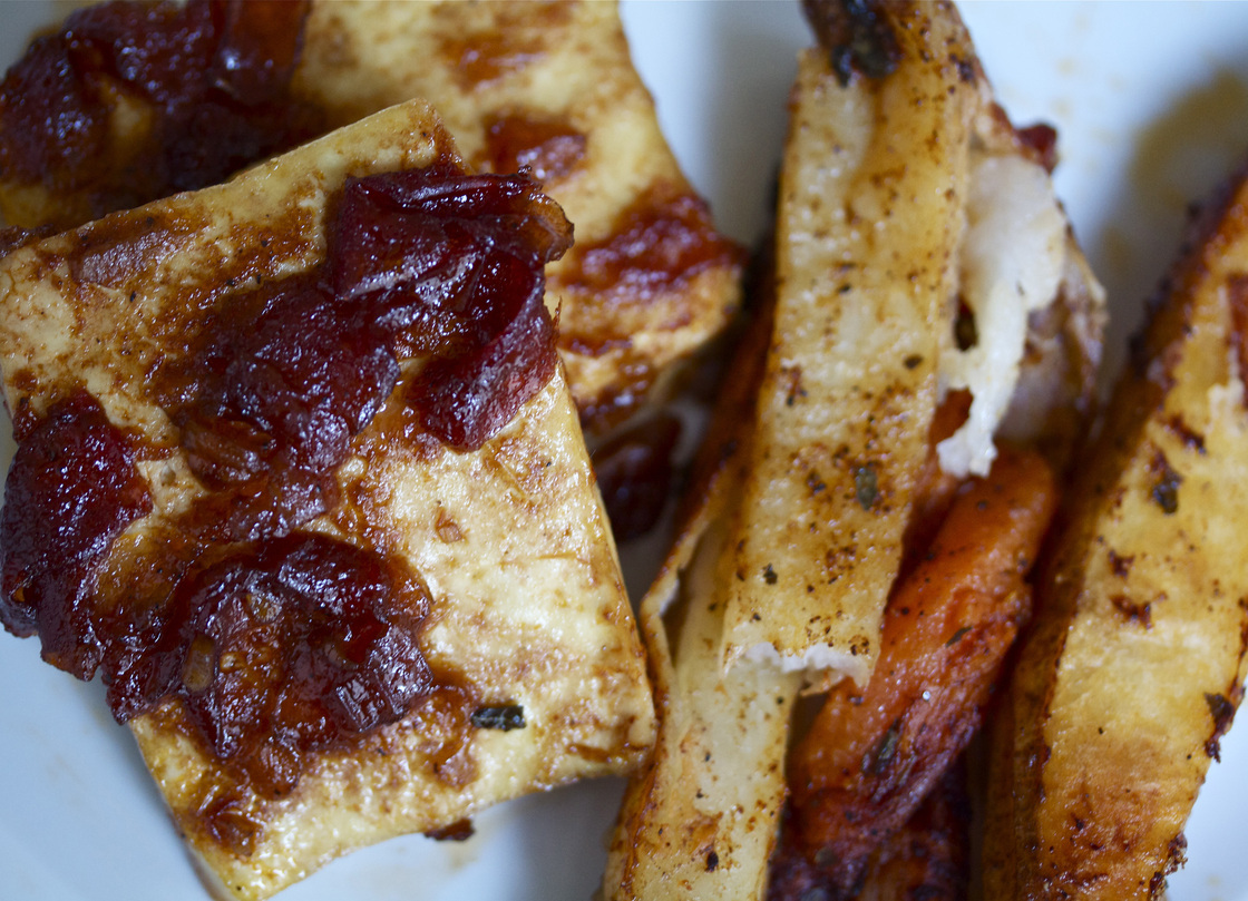Bourbon-Glazed Baked Tofu With Spicy Roasted Red And Sweet Potatoes
