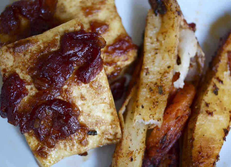 Bourbon-Glazed Baked Tofu With Spicy Roasted Red And Sweet Potatoes