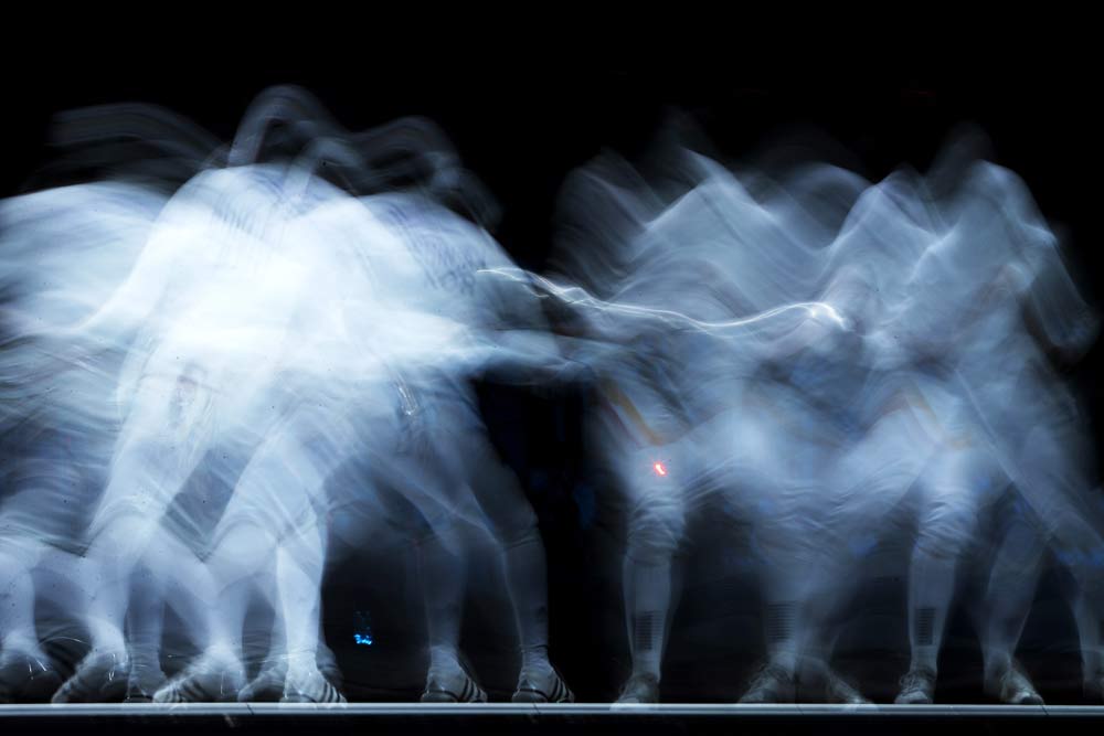 Shin A-lam of Korea (left) competing against Britta Heidemann of Germany during the women's fencing semi-final