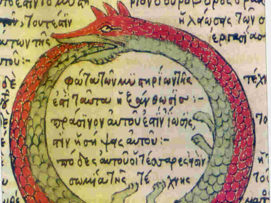 A 15th-century depiction of the ouroboros, a serpent devouring itself.