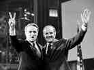 Sens. Thomas Eagleton (left) and George McGovern celebrate their candidacy for vice president and president, respectively, at the Democratic National Convention in 1972. Sens. Thomas Eagleton (left) and George McGovern celebrate their candidacy for vice president and president, respectively, at the Democratic National Convention in 1972.
