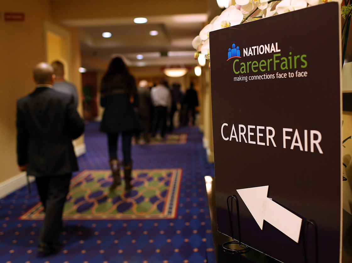 A sign pointing the way to a career fair in San Mateo, Calif., last month.