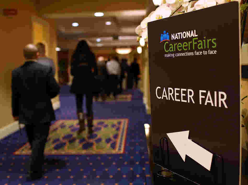 A sign pointing the way to a career fair in San Mateo, Calif., last month.
