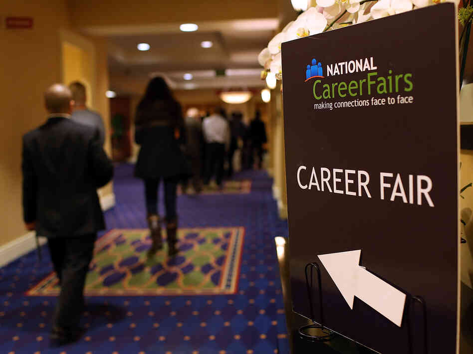 A sign pointing the way to a career fair in San Mateo, Calif., last month.