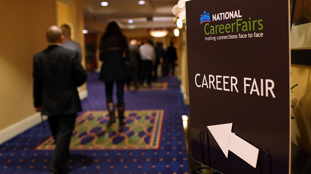 A sign pointing the way to a career fair in San Mateo, Calif., last month. (Getty Images)