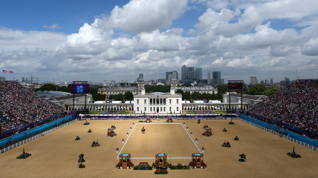 Jose Manuel Martin Dockx of Spain rides Grandioso in the Dressage Grand Prix on Day 6 of the London 2012 Olympic Games at Greenwich Park Thursday.