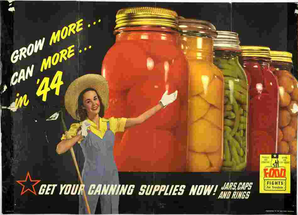 A victory gardener displays her beautifully preserved produce in this ad from the War Food Program in 1944.