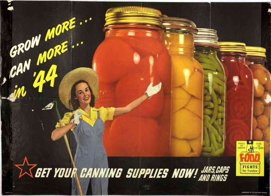 A victory gardener displays her beautifully preserved produce in this ad from the War Food Program in 1944.