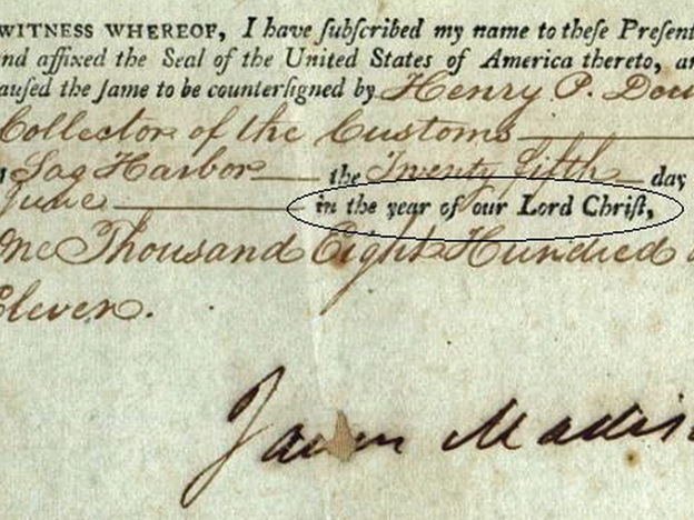 Barton claims Jefferson, unlike the other presidents, closes his documents "In the year of our Lord Christ." It's actually a standard form of closing documents, used here by James Madison.