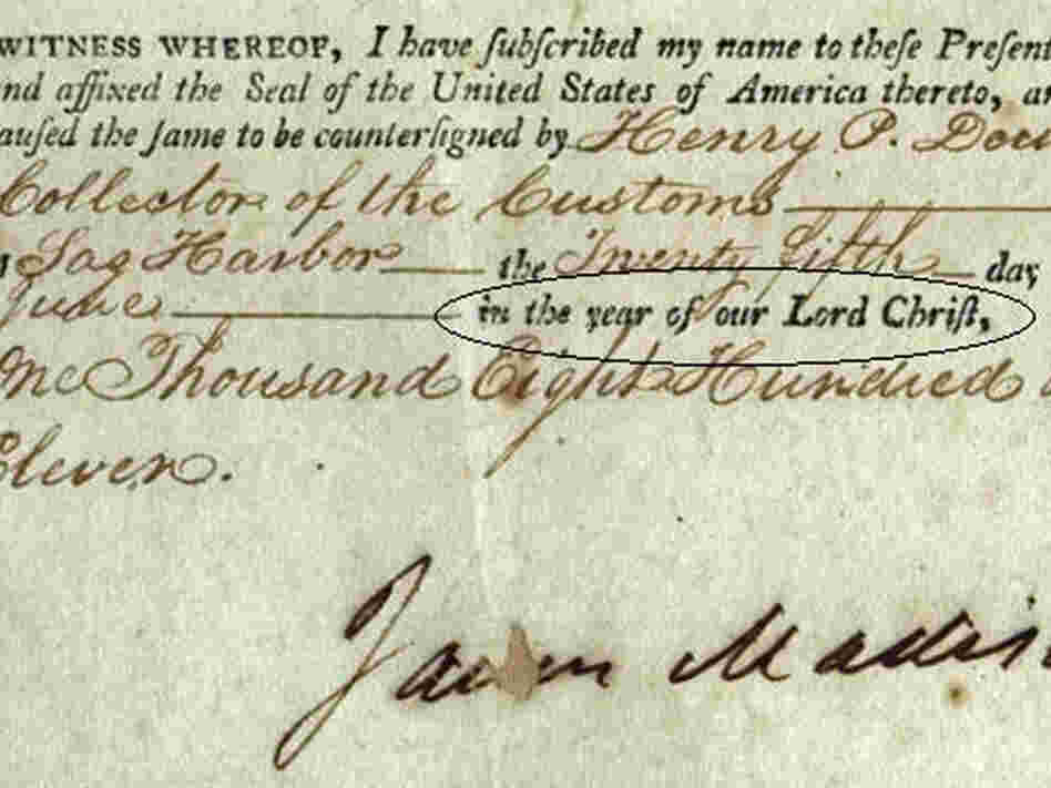 Barton claims Jefferson, unlike the other presidents, closes his documents "In the year of our Lord Christ." It's actually a standard form of closing documents, used here by James Madison.
