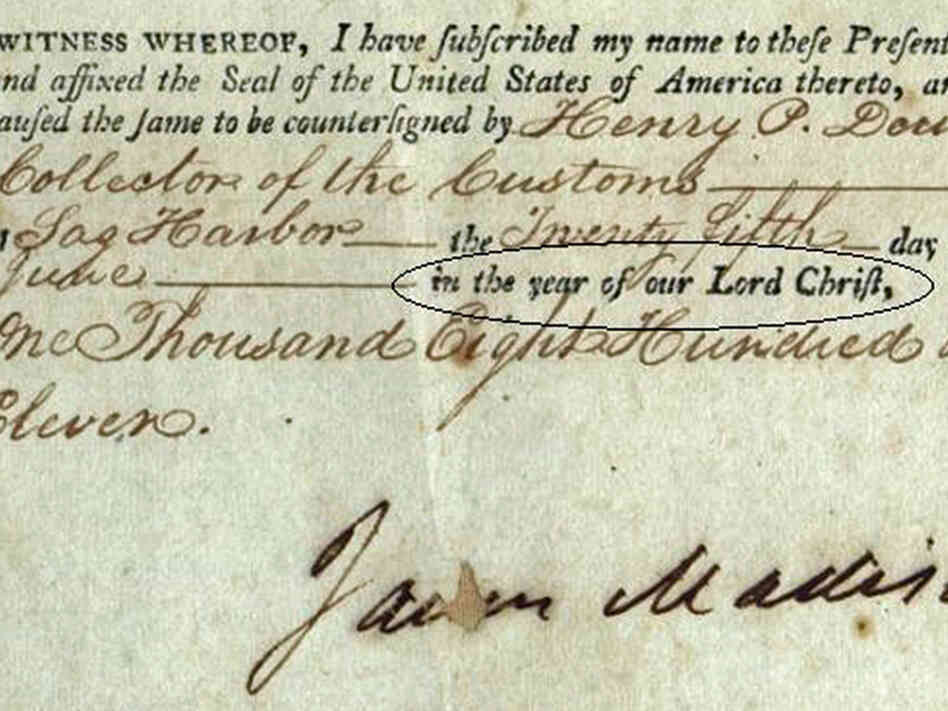 Barton claims Jefferson, unlike the other presidents, closes his documents "In the year of our Lord Christ." It's actually a standard form of closing documents, used here by James Madison.