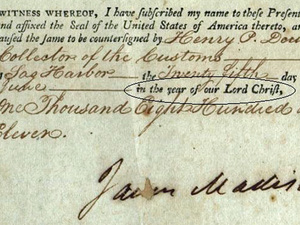 Barton claims Jefferson, unlike the other presidents, closes his documents "In the year of our Lord Christ." It's actually a standard form of closing documents, used here by James Madison. Barton claims Jefferson, unlike the other presidents, closes his documents "In the year of our Lord Christ." It's actually a standard form of closing documents, used here by James Madison.