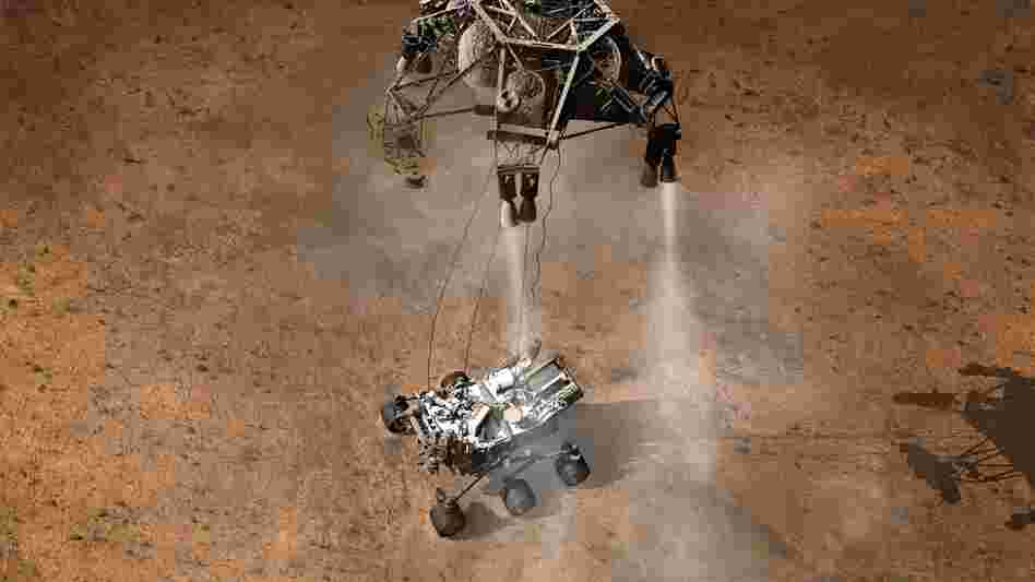Once the sky crane senses that it's no longer supporting the rover, it releases the cables and flies off to crash-land a safe distance away. Curiosity is now free to explore its new home.