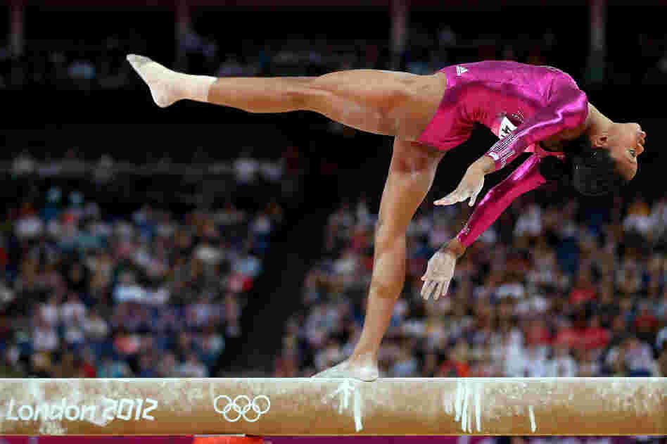 U.S. gymnast Gabrielle Douglas competes on the balance beam in the Artistic Gymnastics Women's Individual All-Around final.