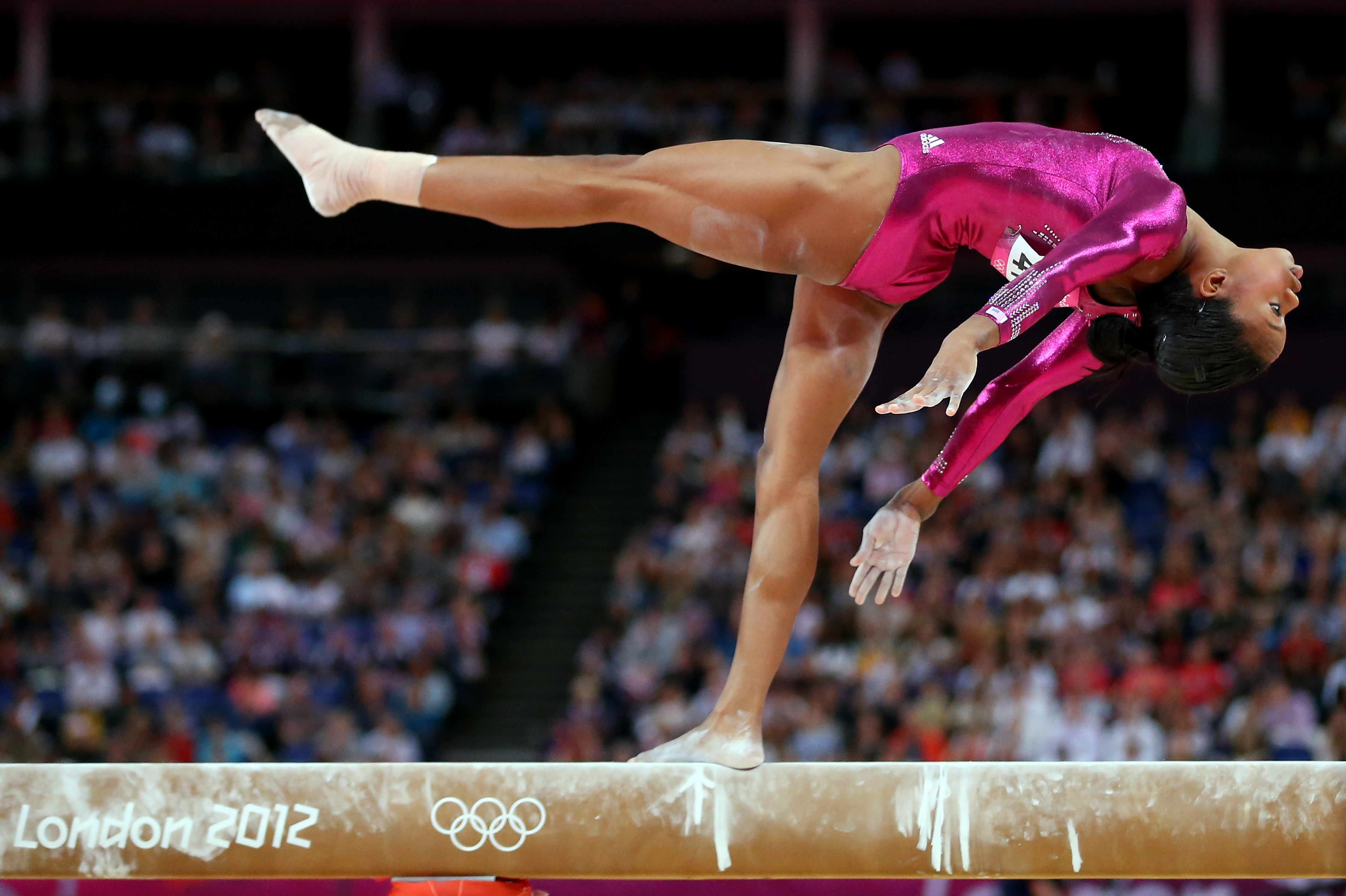 U.S. gymnast Gabrielle Douglas competes on the balance beam in the Artistic Gymnastics Women's Individual All-Around final.