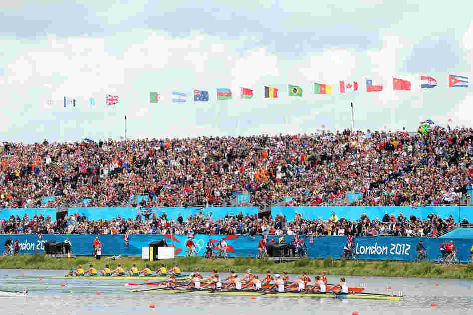 The U.S. rowing team leads the Netherlands team during the Women's Eight final. The U.S. placed first.