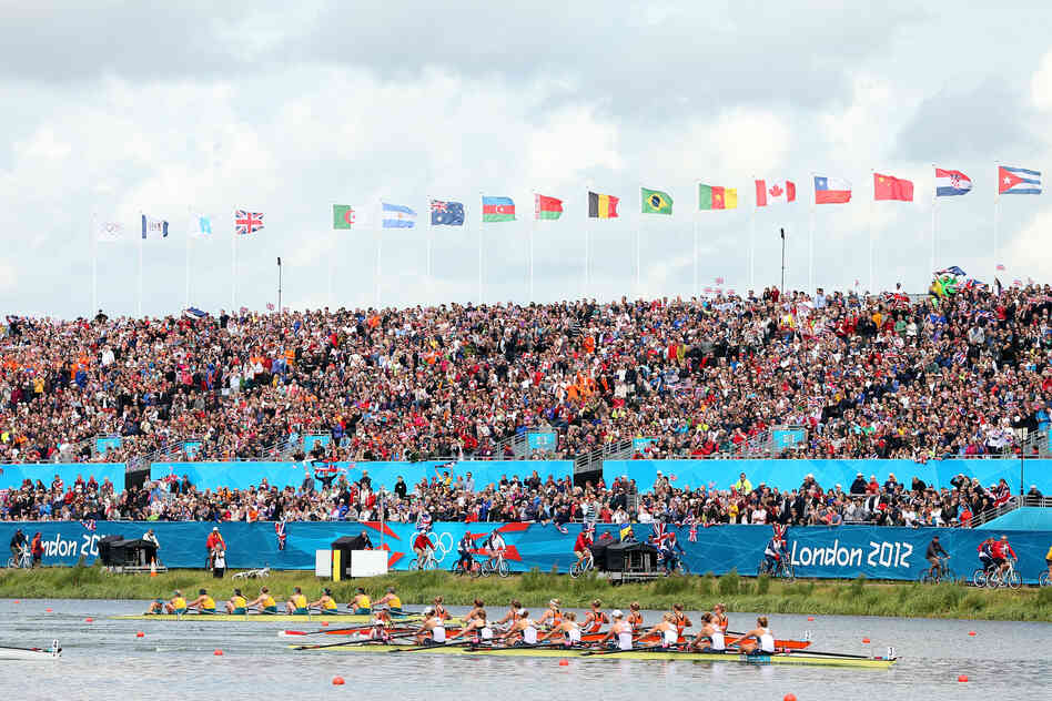 The U.S. rowing team leads the Netherlands team during the Women's Eight final. The U.S. placed first.