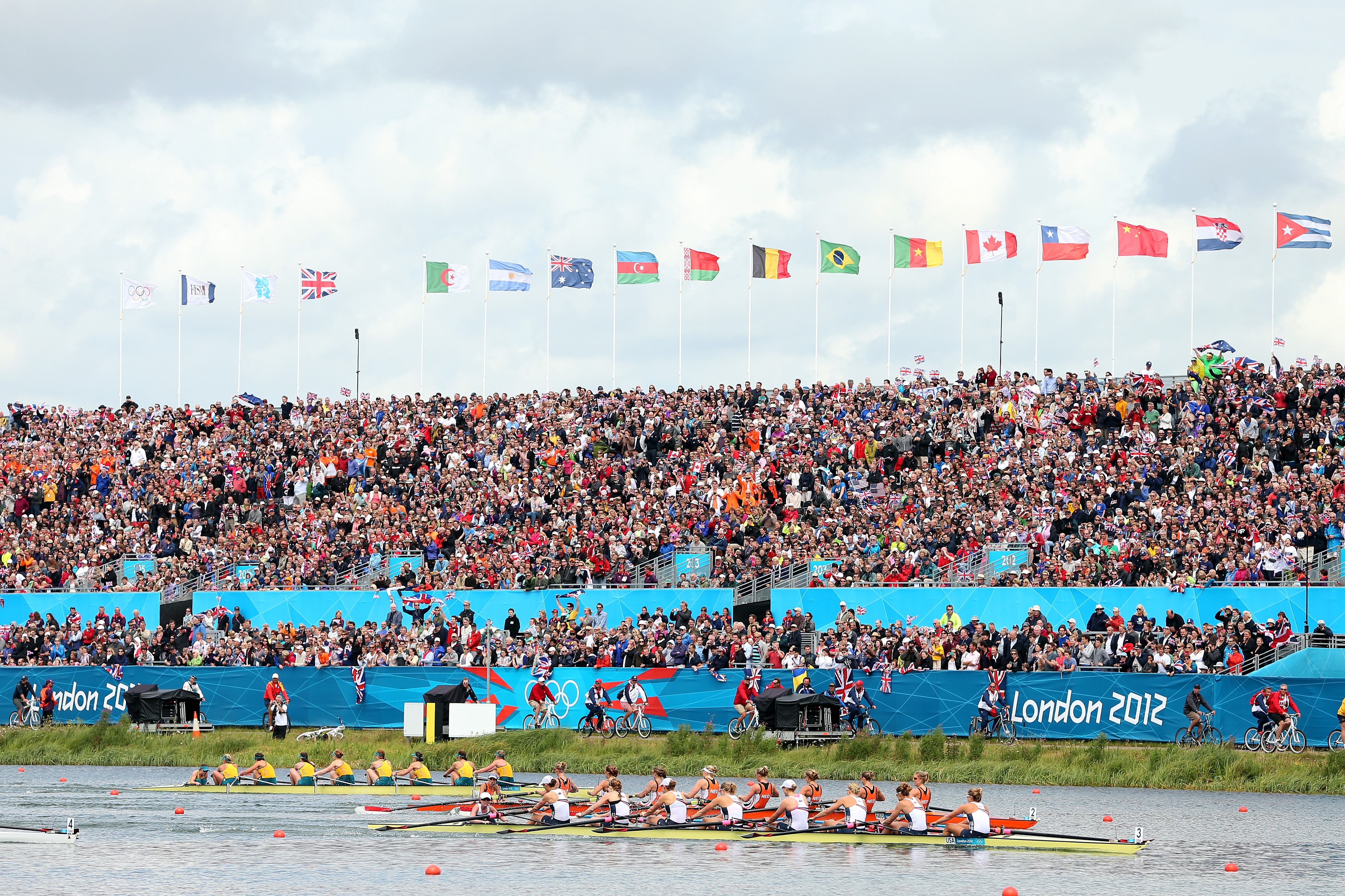The U.S. rowing team leads the Netherlands team during the Women's Eight final. The U.S. placed first.