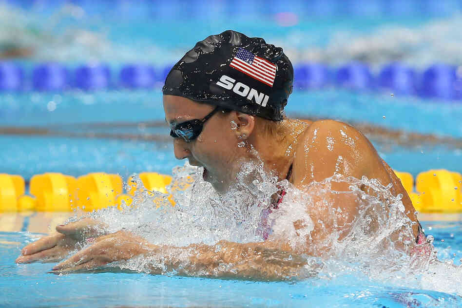 U.S. swimmer Rebecca Soni competes in the Women's 200m Breaststroke Final. Soni set a new world record time of 2:19.59 for the event.