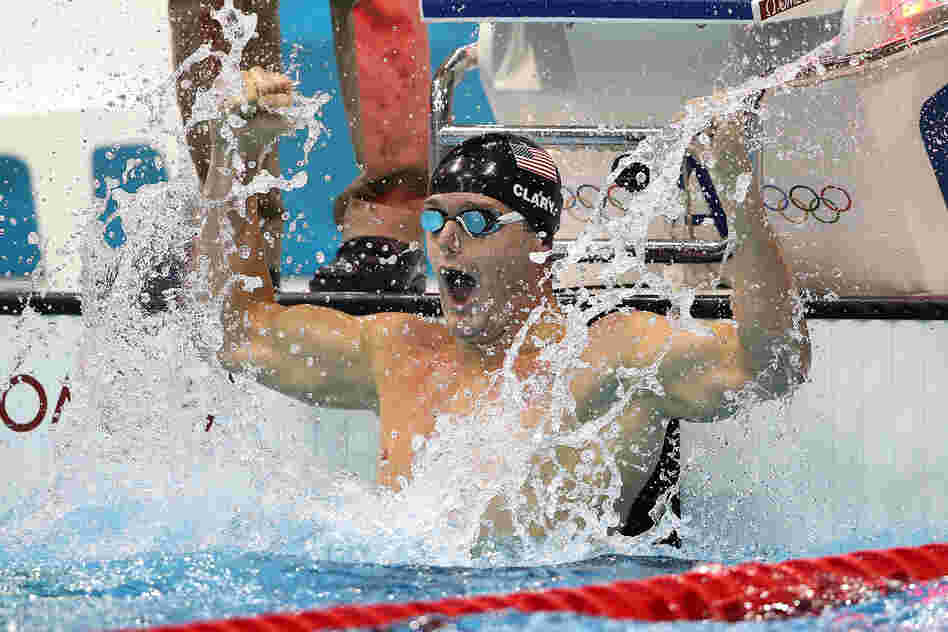 Tyler Clary of the United States celebrates after winning the gold in the Men's 200m Backstroke final.
