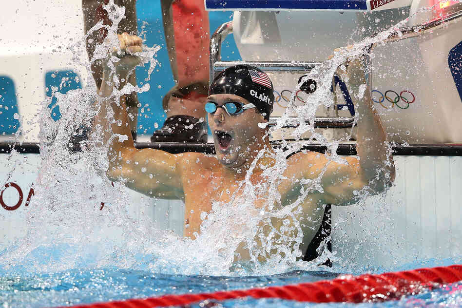 Tyler Clary of the United States celebrates after winning the gold in the Men's 200m Backstroke final.