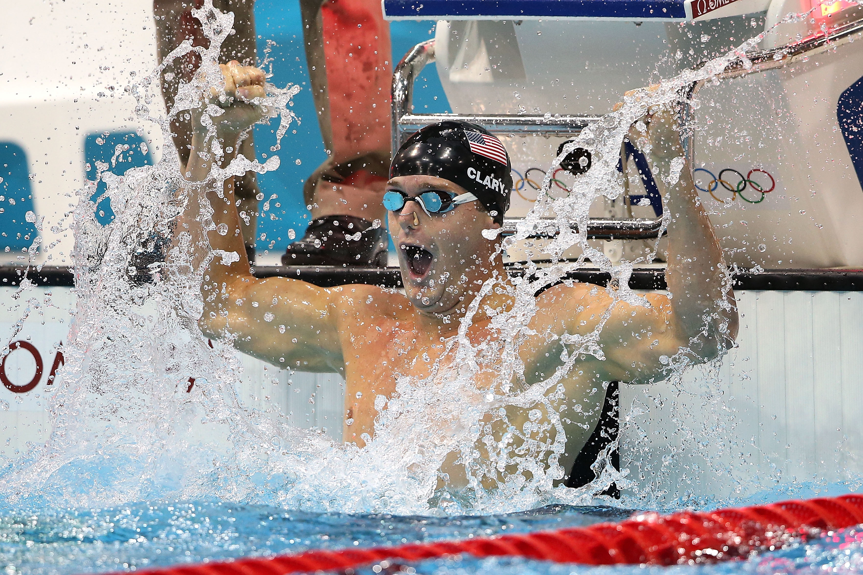 Tyler Clary of the United States celebrates after winning the gold in the Men's 200m Backstroke final.