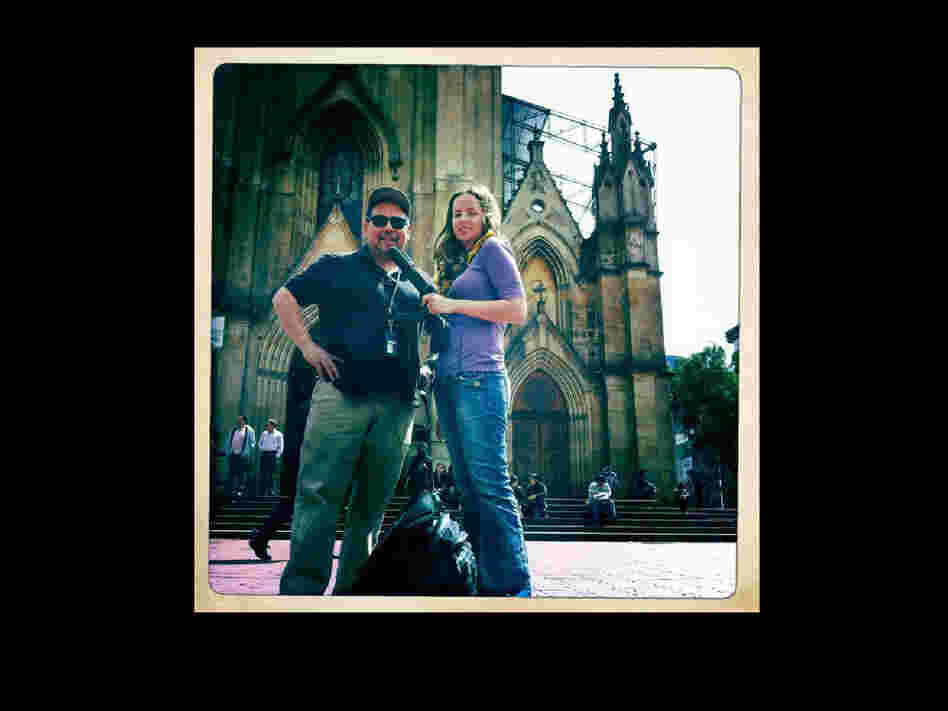 Alt.Latino hosts Felix Contreras and Jasmine Garsd in front of the Lourdes Cathedral in downtown Bogota.