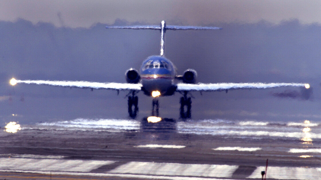 A passenger jet preparing for takeoff from Reagan National Airport in 2002.