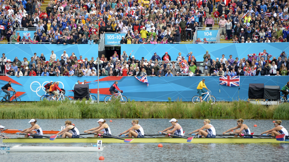 The U.S. team races to their second straight gold medal in the women's eight rowing event at the London 2012 Olympic Games, at Eton Dorney Rowing Centre in Eton, west of London.