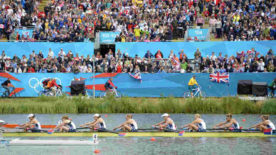 The U.S. team races to their second straight gold medal in the women's eight rowing event at the London 2012 Olympic Games, at Eton Dorney Rowing Centre in Eton, west of London.
